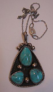 Vntg Native American Turquoise Pendant Chain Sterling