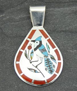  Edaakie Silver Turquoise Coral Blue Jay Pendant Zuni Jewelry