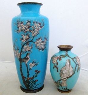 Antique Japanese Blue Cloisonne Vases w Flowers Birds 7 35 3 95