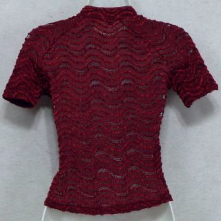 BEBE Moda France Burgundy Boucle Zig Zag Sheer Mesh SS Knit Top Shirt