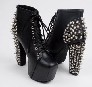Jeffrey Campbell New Lita Silver Spike Black Leather Ankle Boots Shoes