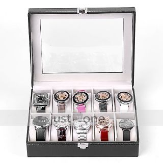  10 Grid Watch Display Case Box Jewelry Storage Organizer Black