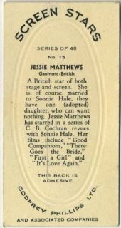 Jessie Matthews 1936 Godfrey Phillips Screen Stars Tobacco Card 15