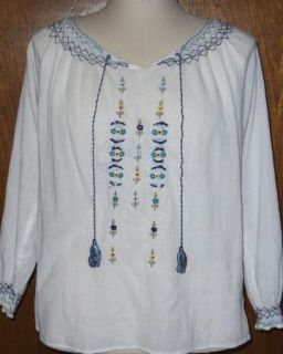 Notations White Crinkle Gauze Navy Blue Embroidery Peasant Blouse Size