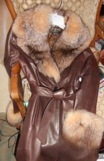 St John Knit Leather and Fox Fur Coat Jacket 6 8 M Animal Silk Lining Sumptuous  