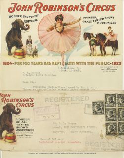 Gorgeous 1923 John Robinson's Circus Color Letterhead Postal Envelope  