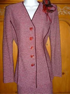 St John Collection by Marie Gray Burgandy Tweed 2pc Skirt Suit Rhinestones  