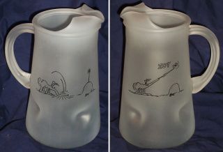 Vintage BC Grog Caveman Frosted Glass Pinch Pitcher Comic Cartoon Johnny Hart  