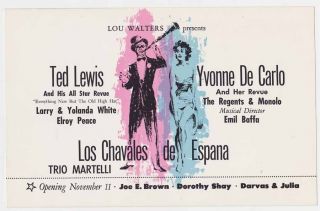 Yvonne de Carlo Ted Lewis Vintage Las Vegas Tropicana Promo Post Card 1958 9  