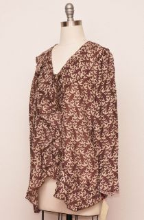 Johnny Was Collection Printed Silk Ruffle Button Top L  