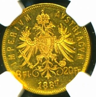 1887 Austria Gold Coin 20 Francs 8 FL NGC RARE Gem  