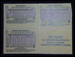 1987 TOPPS BASEBALL BOX BACK JOSE CANSECO DALE MURPHY CLEMENTE REARDON  