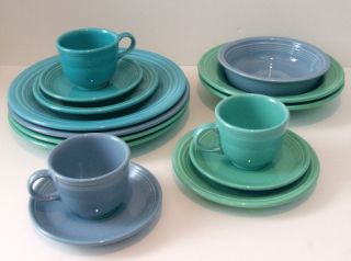 Fiestaware Lot Bowls Plates Tea Cup Saucer Blues Green Turquoise Aqua
