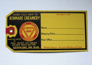 Old Kenmare Creamery Cream Can Shipping Tag Kenmare ND