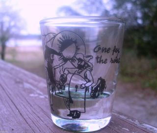 ONE FOR THE ROAD  * WESTERN THEME * SHOT GLASS * GREEN BASE TINT