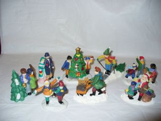 LOT Christmas Snow Village Accesory Figurines Snow Trees People Kids