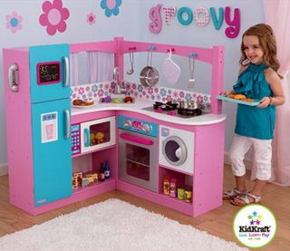 NEW Kids Large Pink Corner Play Kitchen 36 x 36 + Bonus 60 piece Toy