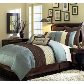 Blue and Brown Luxury Stripe 8 Piece King Size Comforter Set