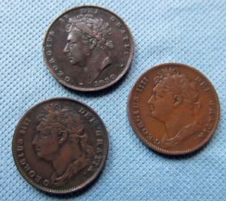 Lot of 3 British King George IV British Farthing Coppers 1821 1823