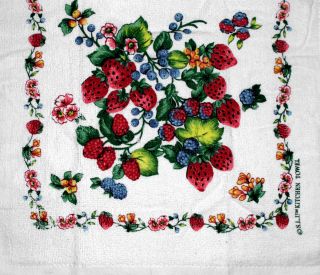 White Kitchen Dish Towels w Crochet Tops Fruits Strawberries Listing