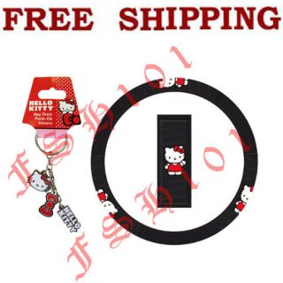 New Sanrio Core Hello Kitty Waving Key Chain Steering Wheel Cover Set