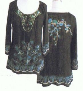 Krista Lee Cheyenne Black Turquoise Embroidered Beaded Blouse Top s M