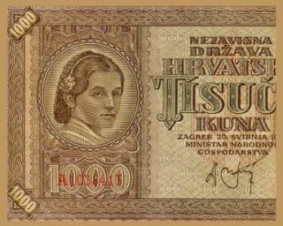 1000 Kuna Banknote of Croatia 1941 Croatian Lady AU