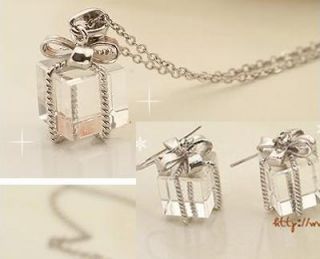 Korean Bow Gift Box Necklace Earrings Jewelry Set