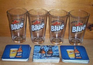 Labatt Blue 4 Beer Pint Glasses 30 Mixed Bar Coasters New