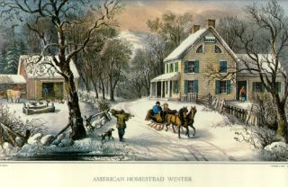 Old Print Horse Sleigh Winter Snow Gather Firewood