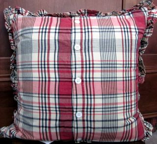  LAKE HOUSE Madras Red Plaid Ruffled Feather Throw Bed Pillow NEW