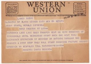 Western Union Telegram Jimmy Starr Veronica Lake