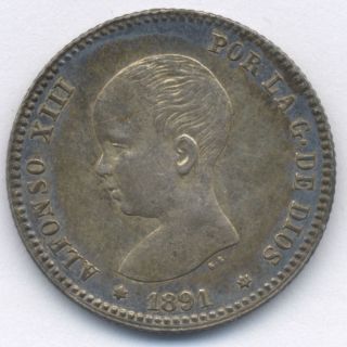 1891 PGM Spain One Peseta Silver Coin w Original Blue Toned AU obv UNC