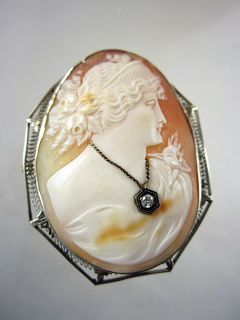 Antique LARGE Cameo Brooch Pin Habille Diamond Woman 14K Wht GOLD
