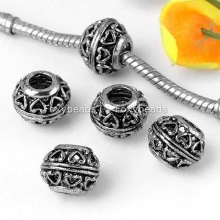 20P Tibetan Silver Heart Large Hole Beads Fit Bracelet