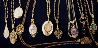 Vintage Lot Unique Lockets Lariats Cameos Lavalieres Necklace Ornate
