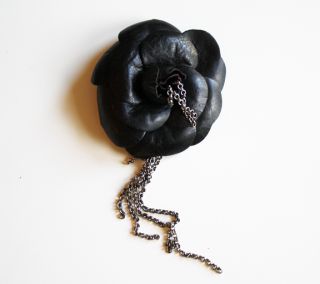 400 AUTHENTIC CHANEL BLACK LEATHER CAMELLIA FLOWER W CHAINS PIN BROOCH