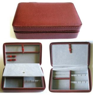 Jewelry Case Red Leather Travel Organizer Zip Many Comparments New