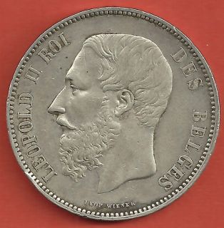 Belgium 5 Francs Leopold II Roi 1868 Extremely RARE