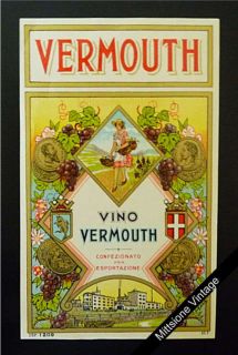 Vintage Italian Liquor Label: Antique Wine 7 x 4 Vermouth Alcohol