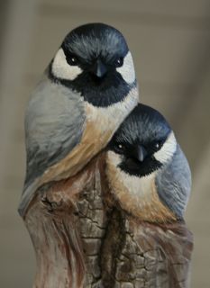  CHICKADEE Birds on Stump OOAK Original Wood Carving by Lisa Rogers