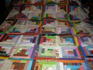 Log Cabin Quilt Top Scrappy Different Centers 86X76