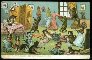 Louis Wain Fluffkin Cat Family Make Summer Frocks Artist Postcard