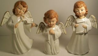 Vintage Chalkware 3 Christmas Angels Praying Caroling Violin Hand Made