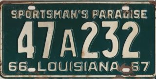 Louisiana 1966 1967 Passenger Car license plate. Some light rust on