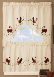ROOSTERS Embroidery,TIER & SWAG SET,Kitchen Curtain Set/WINDOW CURTAIN