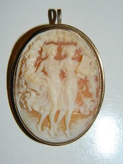 Vintage 14k Y Gold 2 Maidens Scene Shell Cameo Pin Pendant