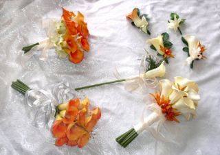 Orange Calla Lily Orchids Bridal Bouquets Wedding Set