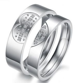 New Wedding Ring Set Titanium Ring Crystal Heart Engagement Bands