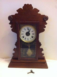 Waterbury Antique Shelf Mantal Clock with Golden Painted Glass